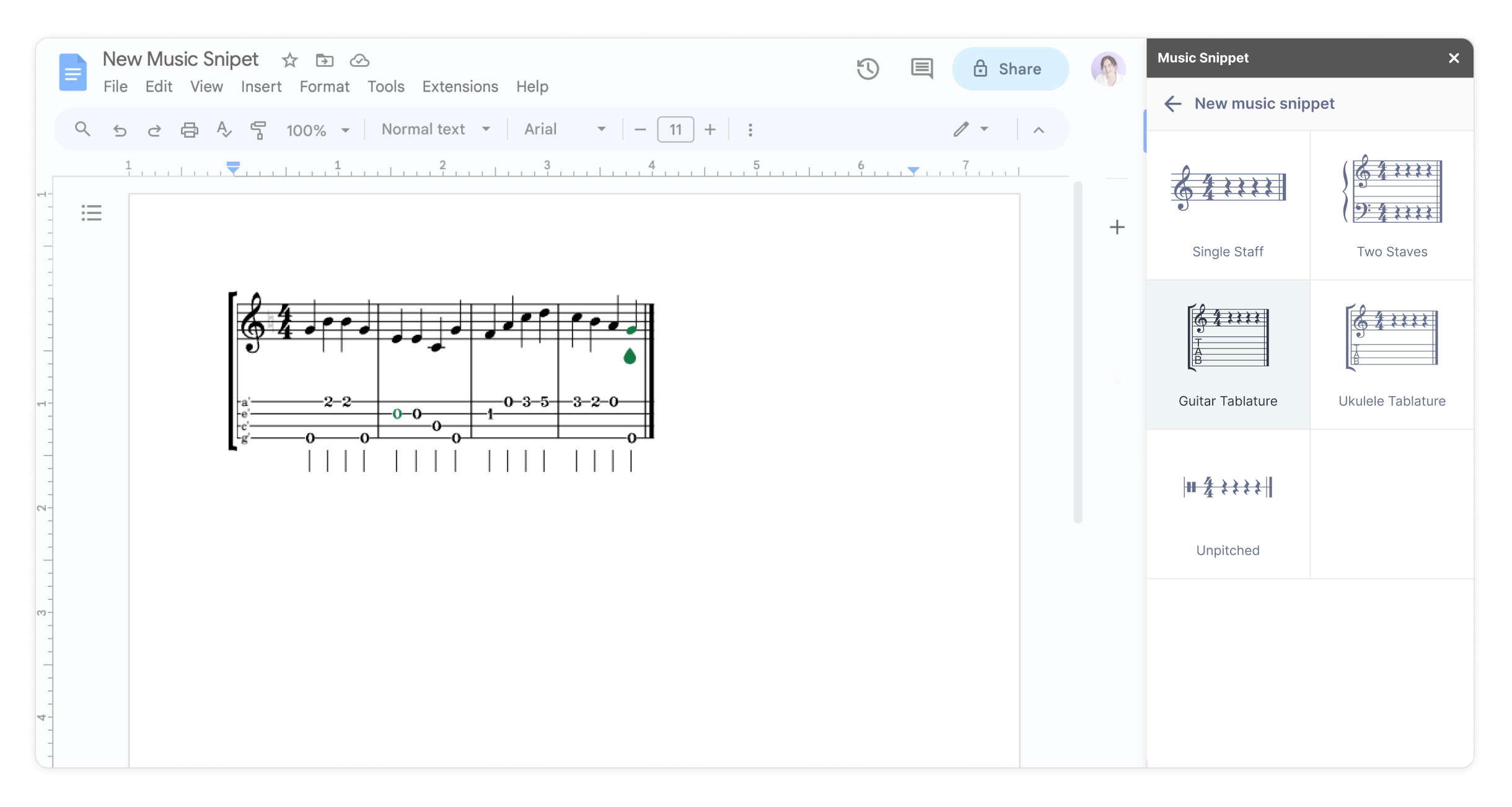 TABs and Unpitched instruments on Music Snippet 